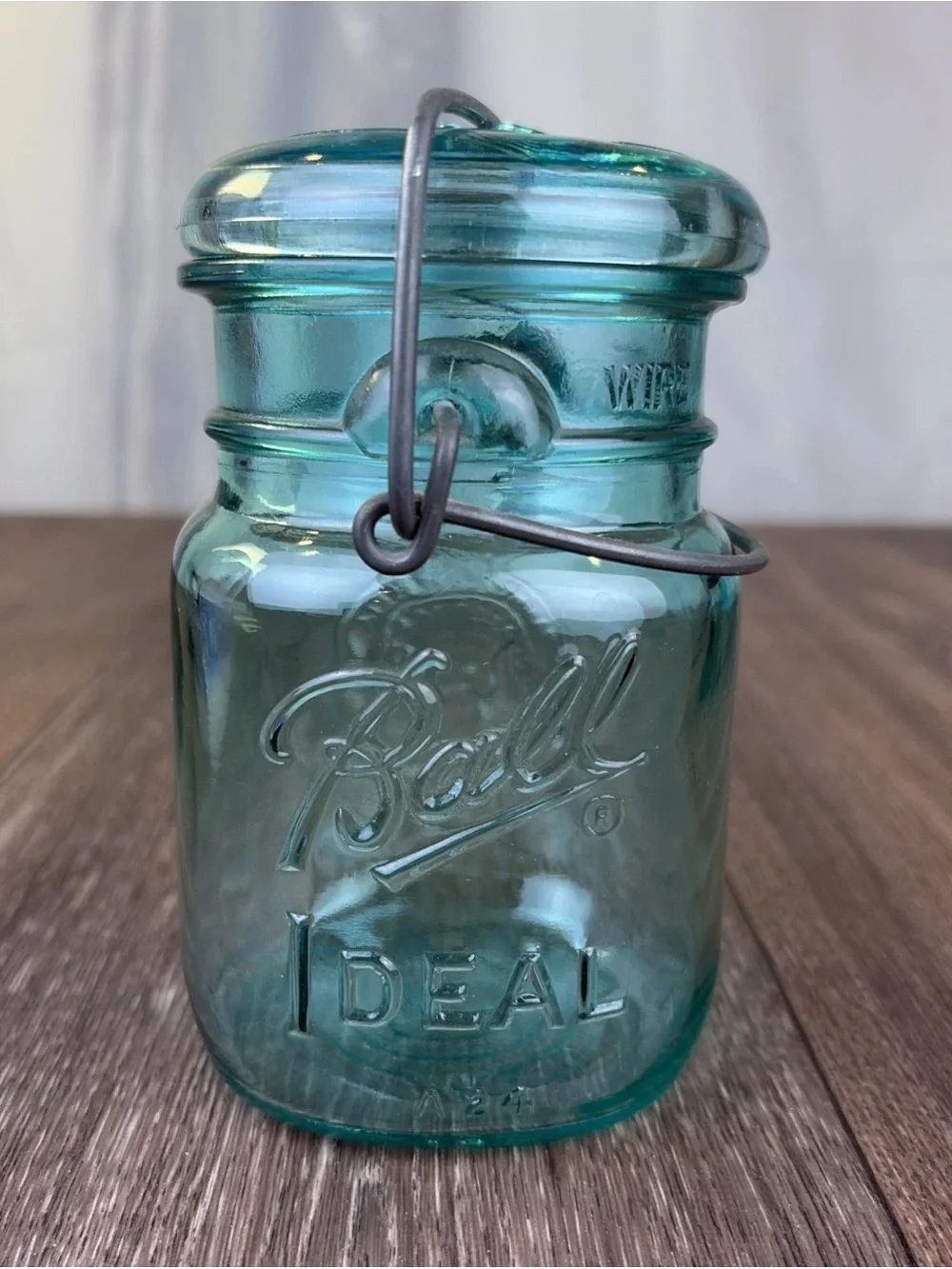 Vintage Ball Ideal Aqua Blue Glass Jar 5.5” Wire Bail w/ Lid 76 A24 Bicentennial